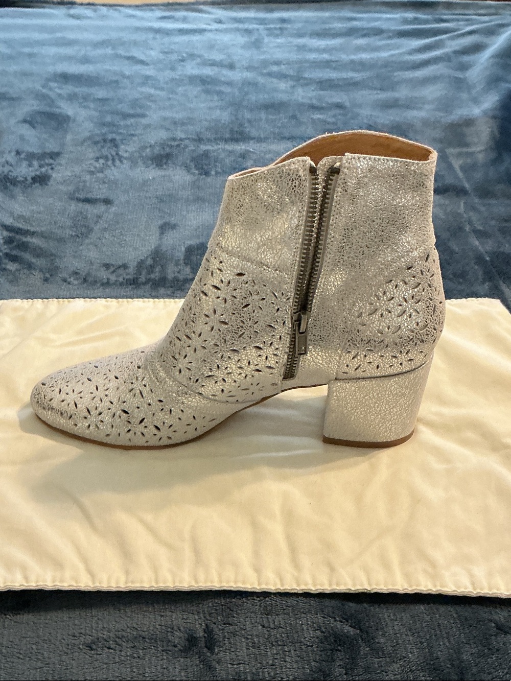 Women's Metallic Silver Laser-Cut Ankle Bootie with Side Zip